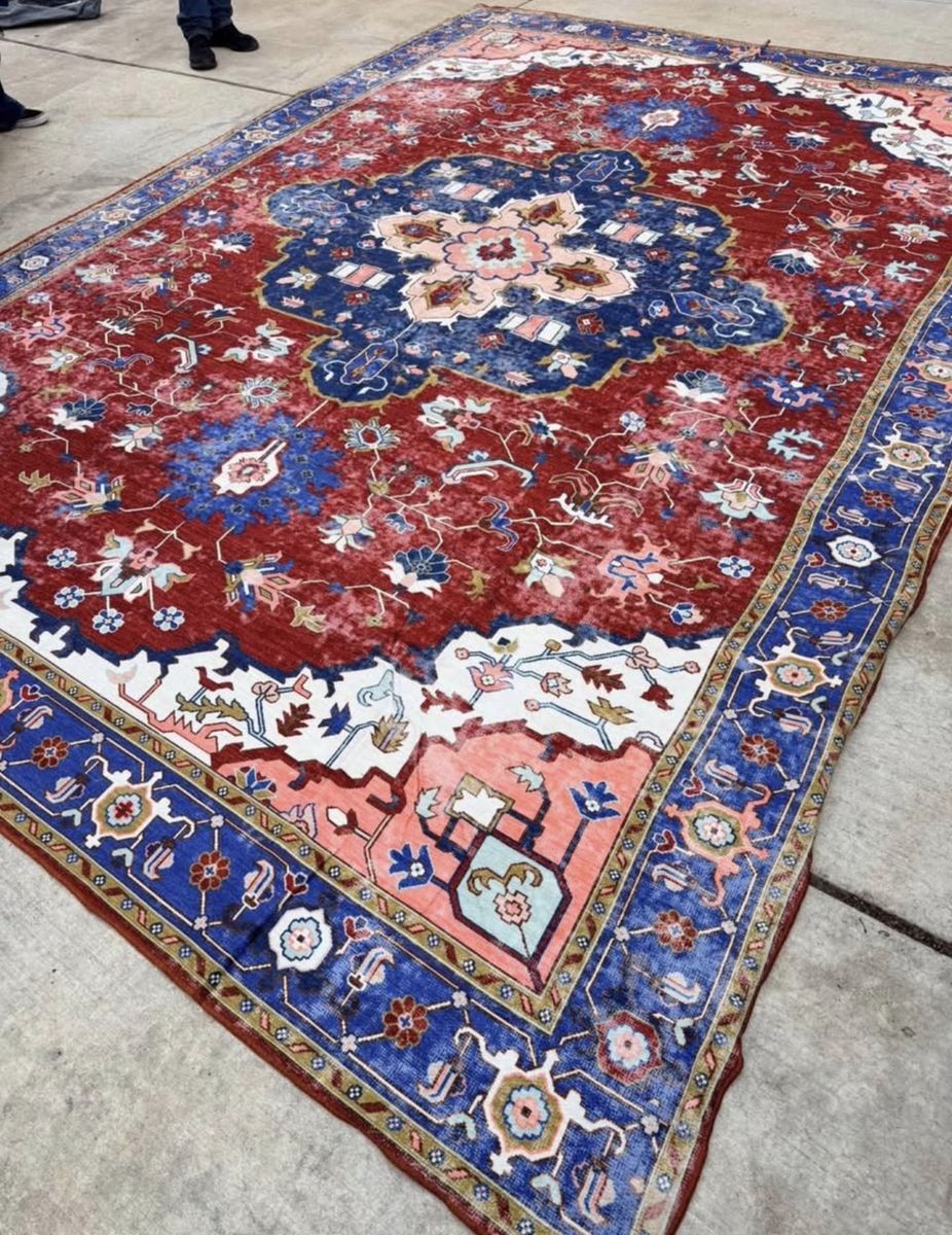 New. 9x13 Red & Blue Persian-Style Area Rug - Large Floral Medallion Design