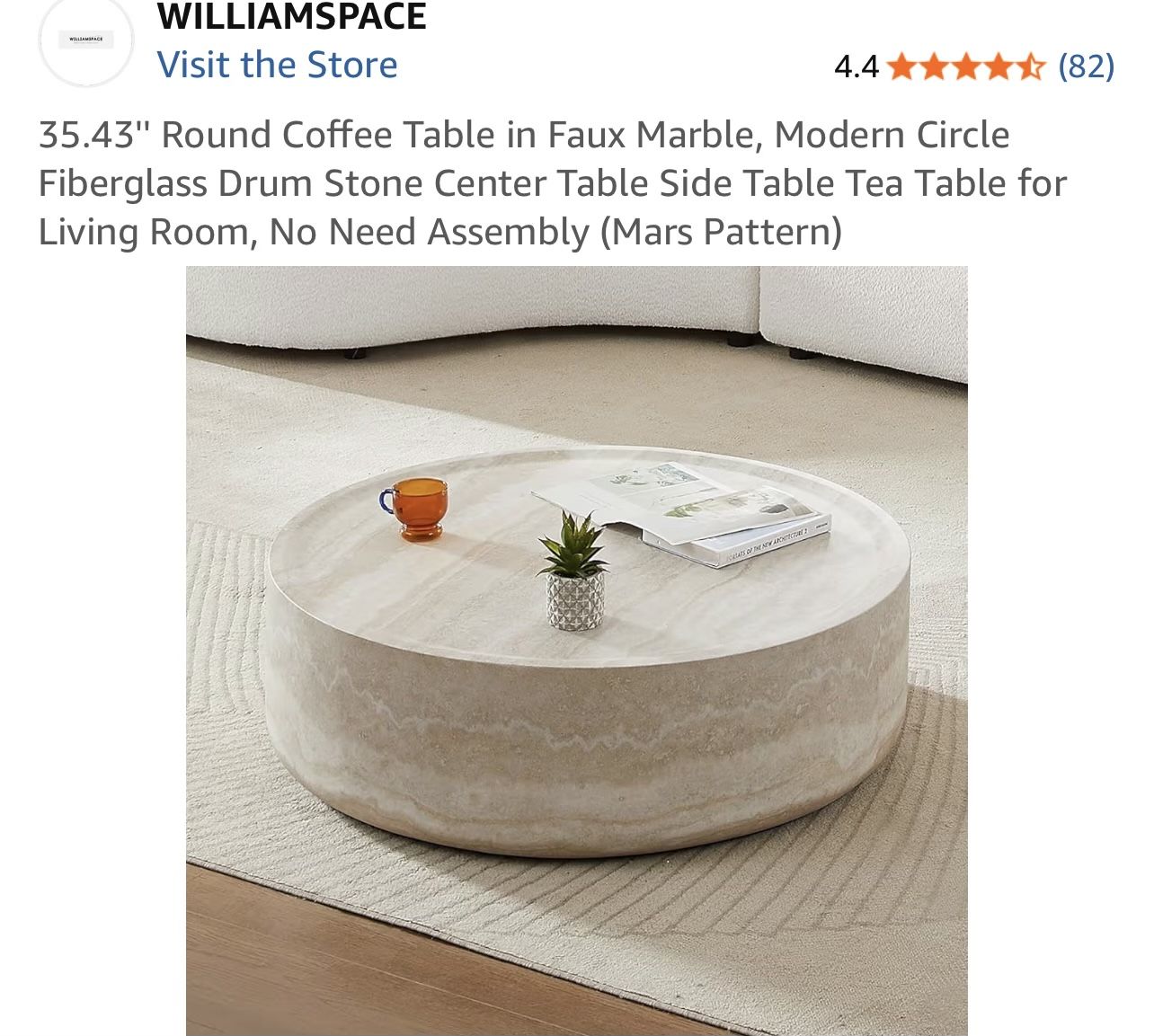 WILLIAMSPACE 35.43" Round Coffee Table, Faux Marble Fiberglass Drum, Modern Mars Pattern