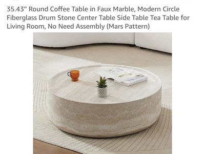 WILLIAMSPACE 35.43" Round Coffee Table, Faux Marble Fiberglass Drum, Modern Mars Pattern