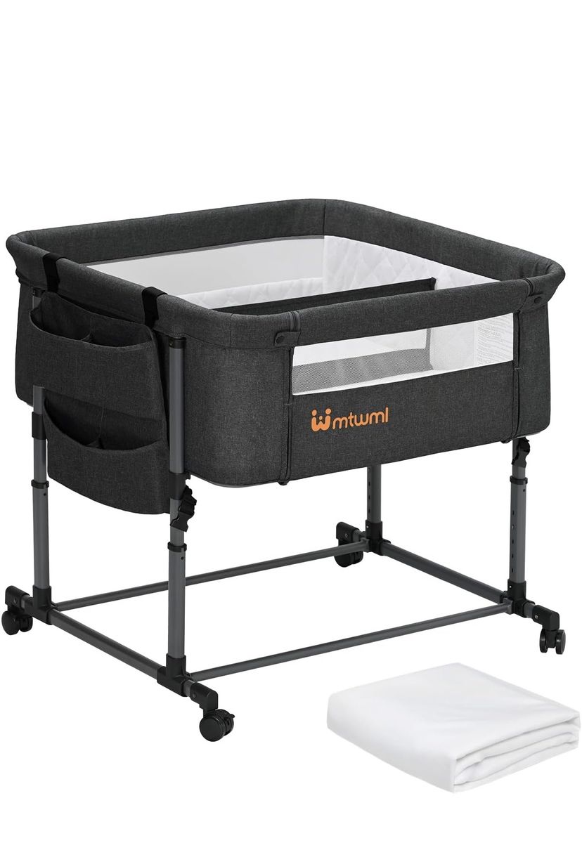MTWML Adjustable Baby Bassinet Bedside Sleeper Portable Crib with Storage Pockets & Wheels for Twins
