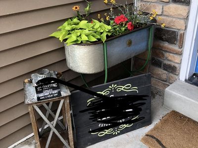 Vintage Galvanized Metal Tub Planter with Green Stand, Oval Garden Planter, Rustic Decor