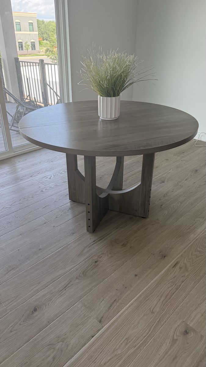 Modern 48” Round Gray Oak Dining Table | Contemporary Pedestal Base | Seats 4–6