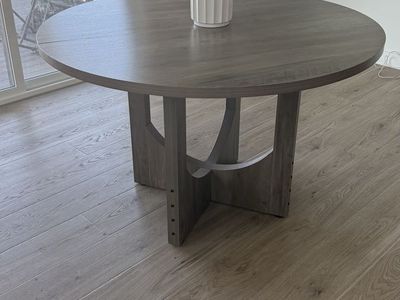 Modern 48” Round Gray Oak Dining Table | Contemporary Pedestal Base | Seats 4–6