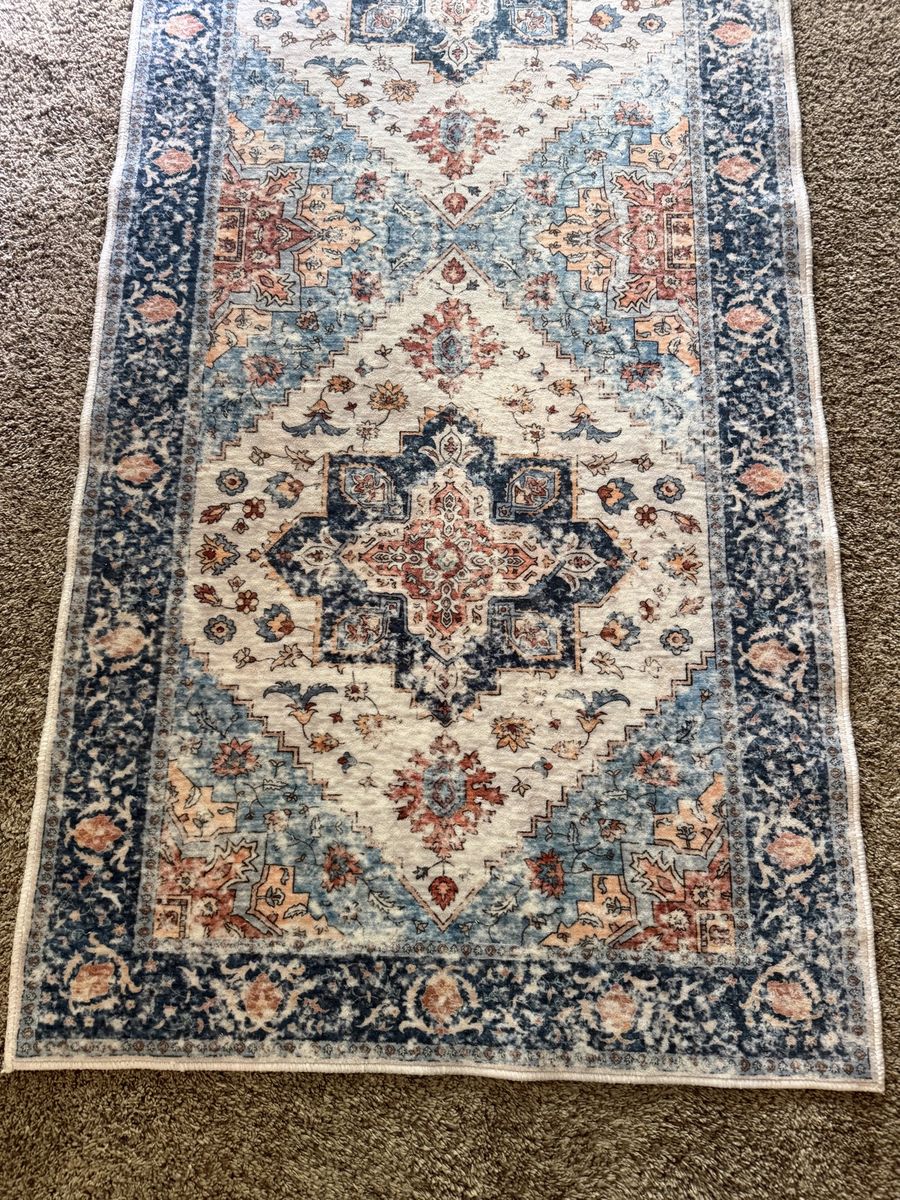 Boho Medallion Runner Rug - Blue, Orange, & White Patterned Area Rug. Washable