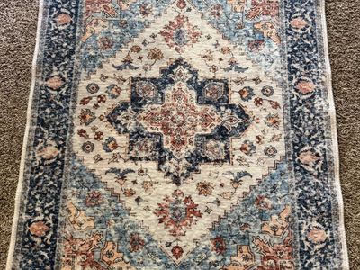 Boho Medallion Runner Rug - Blue, Orange, & White Patterned Area Rug. Washable
