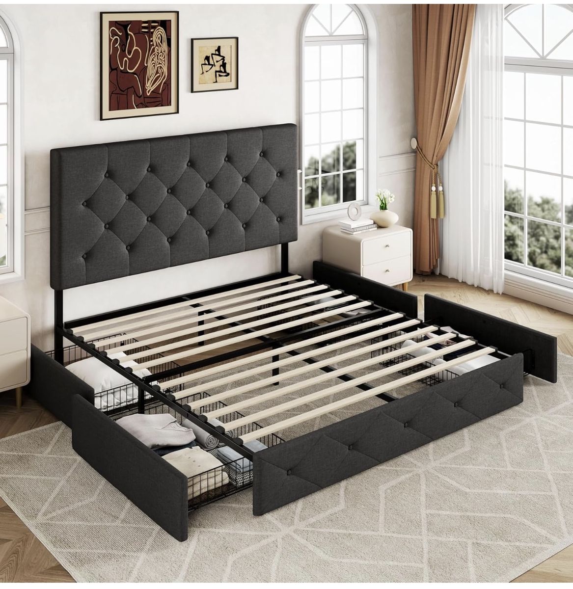 Upholstered Queen Size Platform Bed Frame with Tufted Headboard & 4 Storage Drawers, Dark Grey Fabric