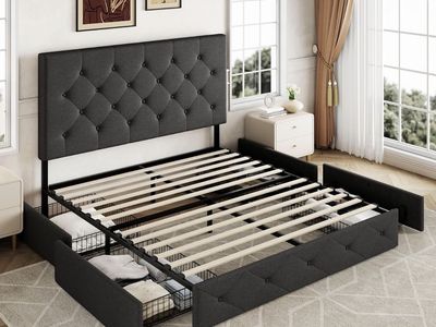 Upholstered Queen Size Platform Bed Frame with Tufted Headboard & 4 Storage Drawers, Dark Grey Fabric