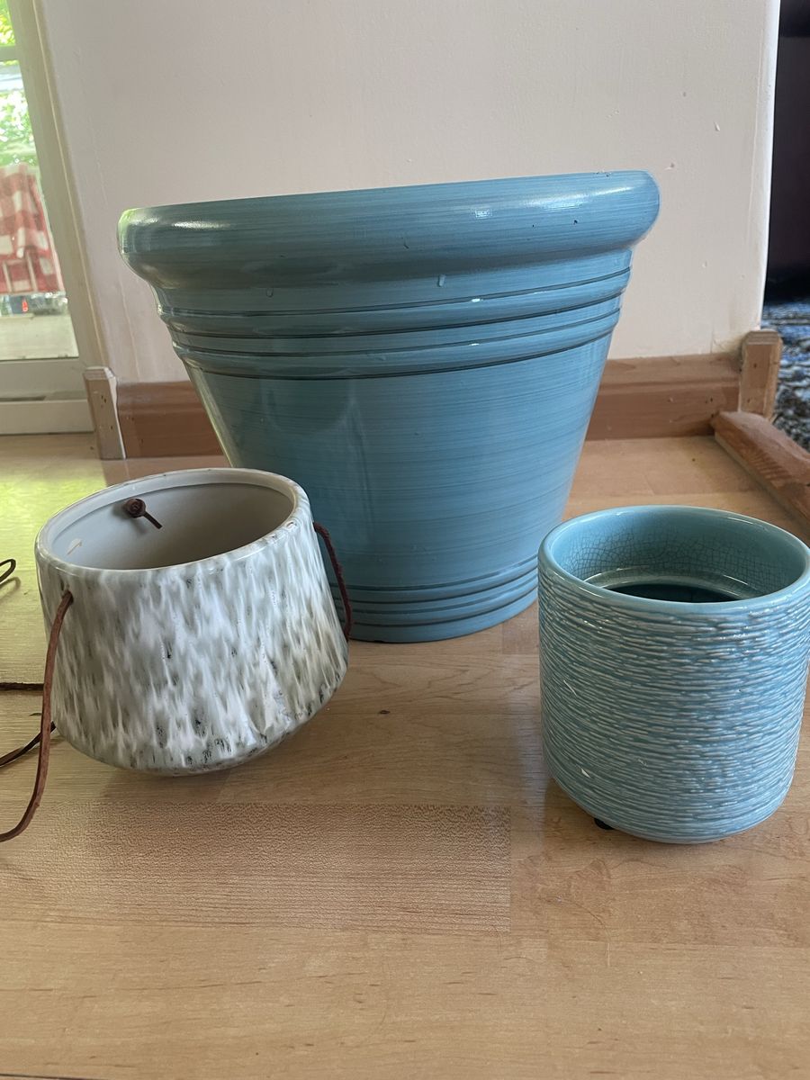 Set of 3 Assorted Ceramic Plant Pots - Blue & Textured Hanging Planter