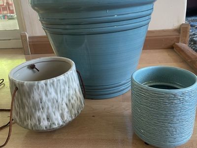 Set of 3 Assorted Ceramic Plant Pots - Blue & Textured Hanging Planter