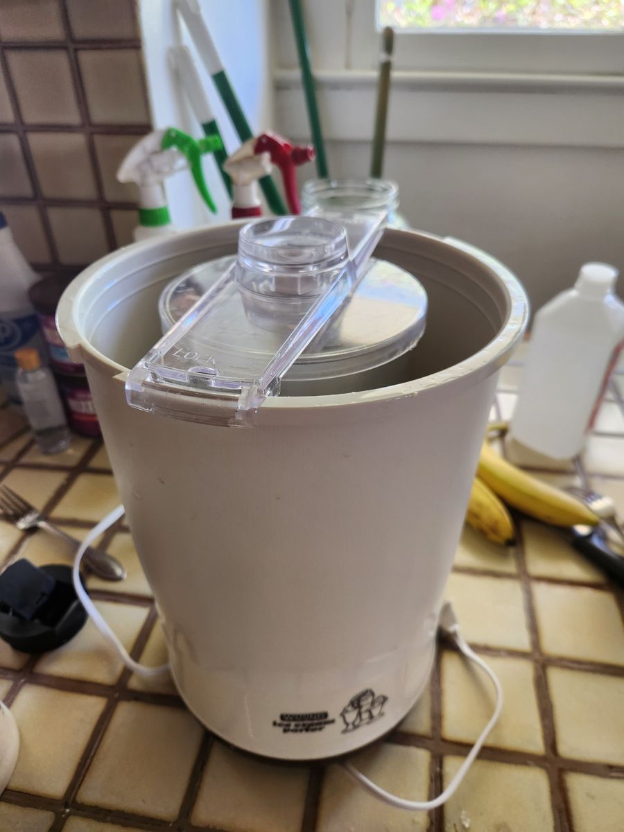 Waring Ice Cream and Yogurt maker...with a can of salt.  Works great.  Make healthier fresh ice cream.