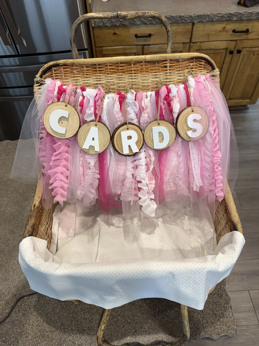 Decorative Wicker Basket with Pink Tulle and "CARDS" Sign - Perfect for Parties & Showers