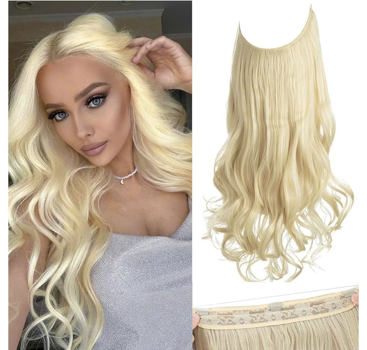 Blonde Wavy Halo Wire Hair Extensions with Clips and Accessories