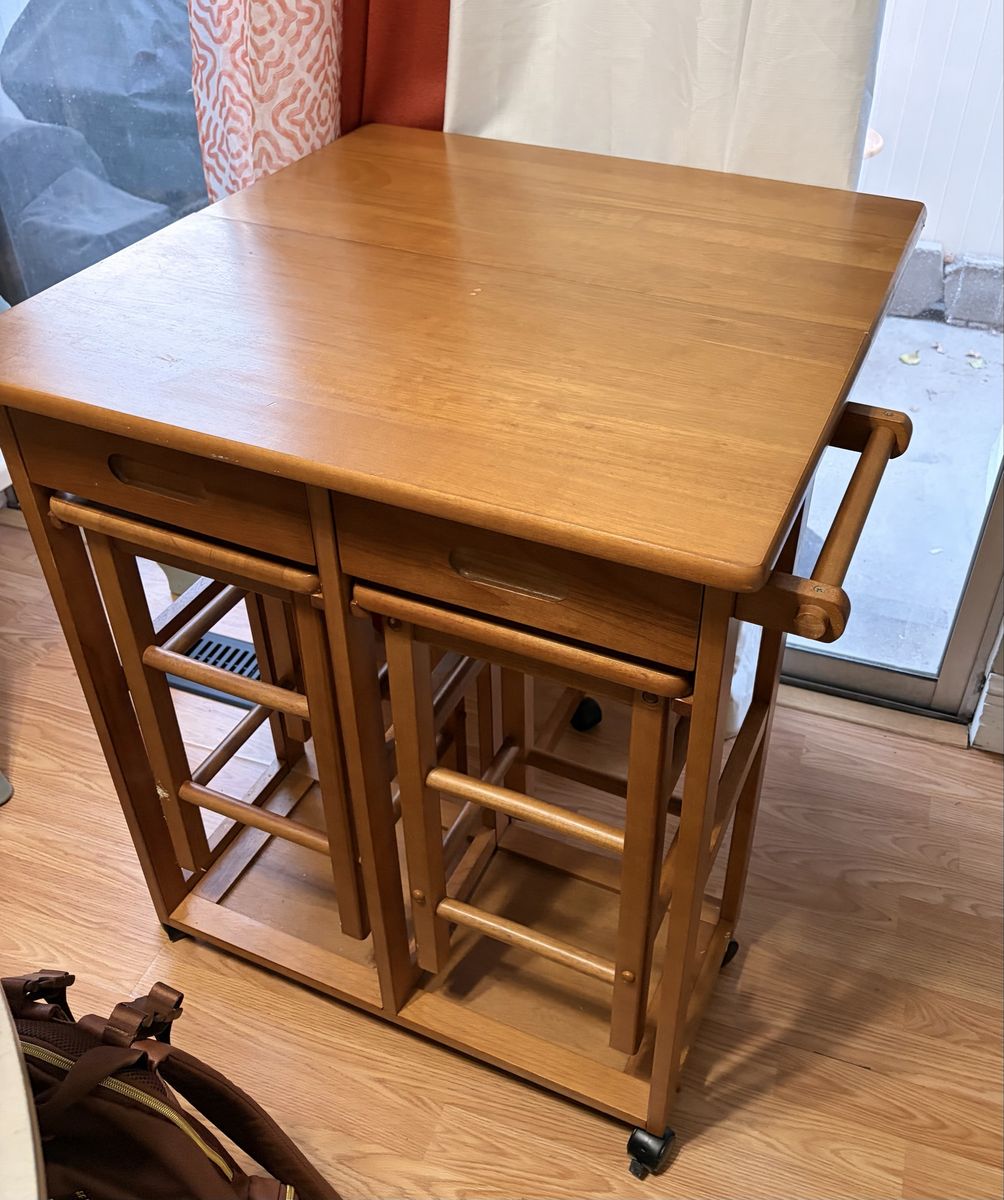 Wooden Kitchen Island Cart with Rolling Casters and Nested Stools