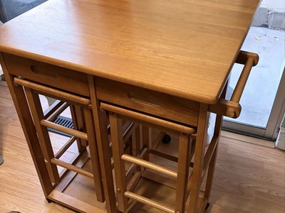 Wooden Kitchen Island Cart with Rolling Casters and Nested Stools