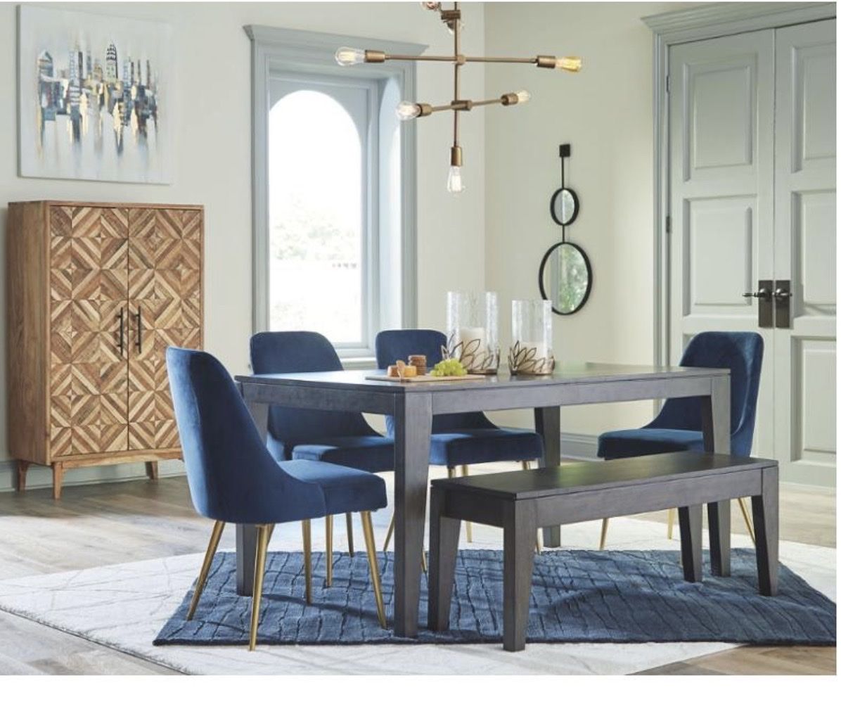 Modern Dining Table with Blue Velvet Chairs and Matching Bench
