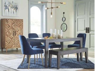 Modern Dining Table with Blue Velvet Chairs and Matching Bench