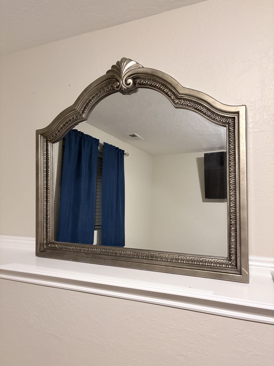 Silver Arched Dresser Mirror with Carved Details