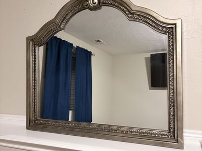 Silver Arched Dresser Mirror with Carved Details