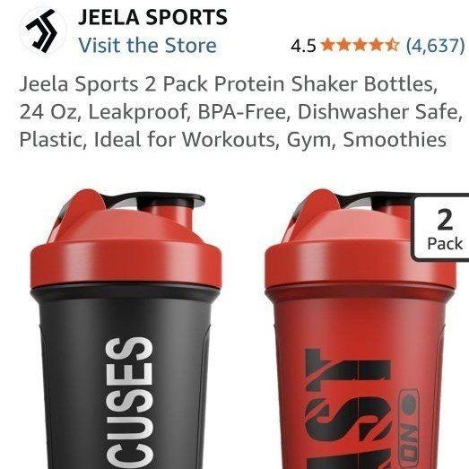 New Jeela Sports 2-Pack Protein Shaker Bottles 24 Oz - Black & Red BPA Free