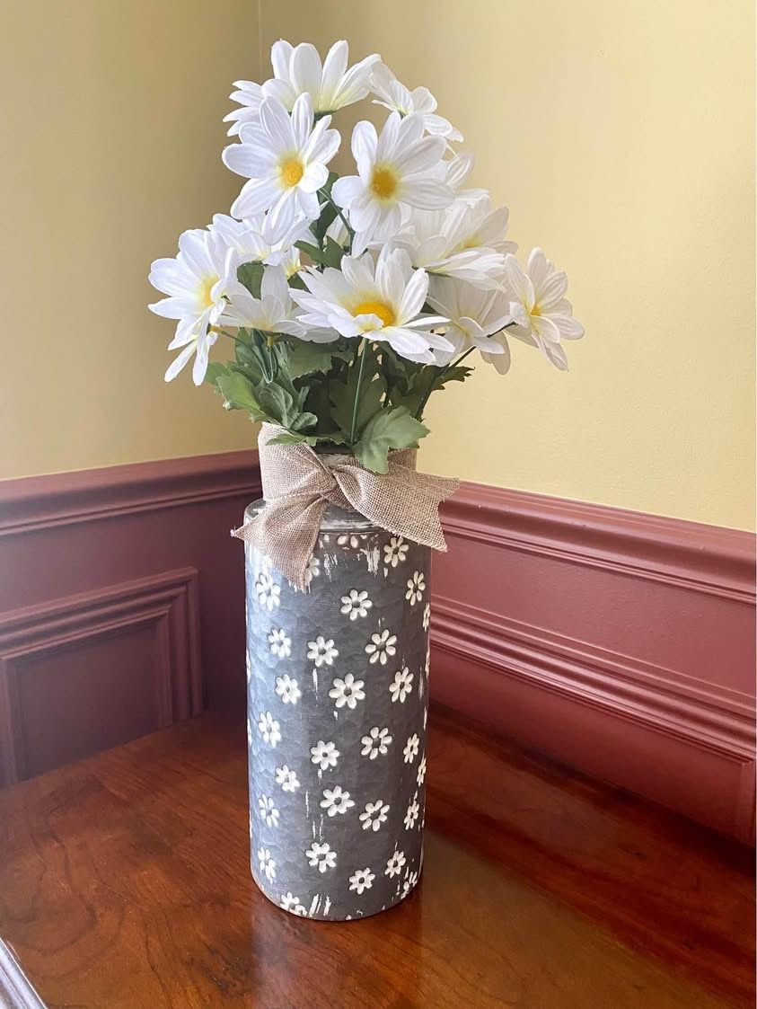 Kelly Clarkston Home Embossed Daisy Metal Vase w/ Faux White Daisy Flowers - Farmhouse Decor