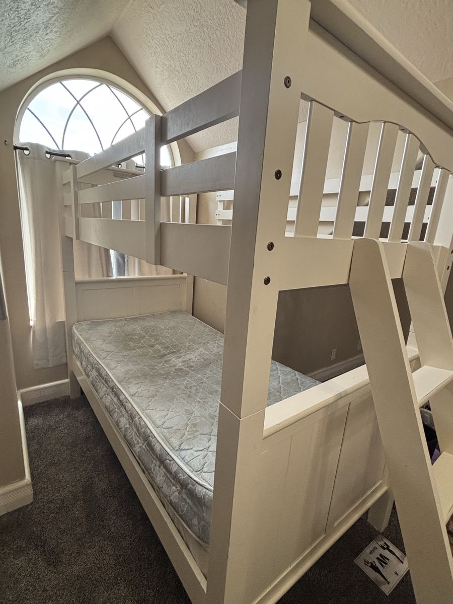 White Wood Twin Bunk Bed with Ladder and Rails
