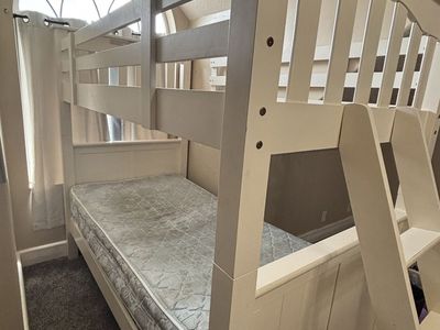 White Wood Twin Bunk Bed with Ladder and Rails