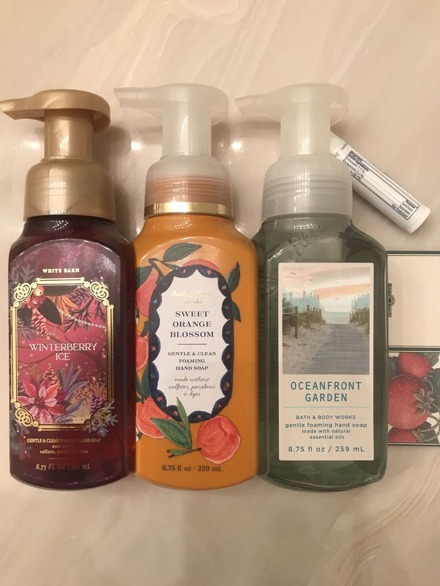 5 Bath & Body Works Foaming Hand Soap Oceanfront Garden Sweet Orange Blossom Winterberry Ice lip balm