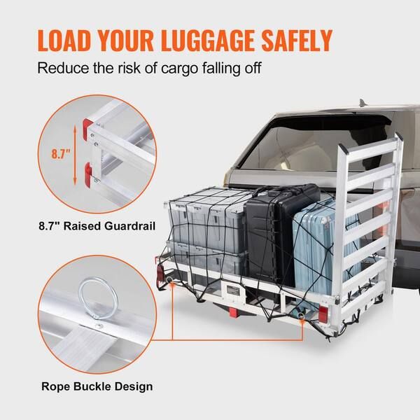 SKYSHALO 50 x 29.5 x 8.7 in. Hitch Cargo Carrier, 500 lbs. Capacity Trailer Hitch Mounted Cargo Basket, Aluminum Luggage Rack