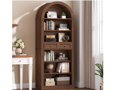 New in Box Arched Bookshelf, 73" Tall Arch Bookcase with Drawer, 6-Tier Farmhouse Book Shelf, Wooden Bookshelf