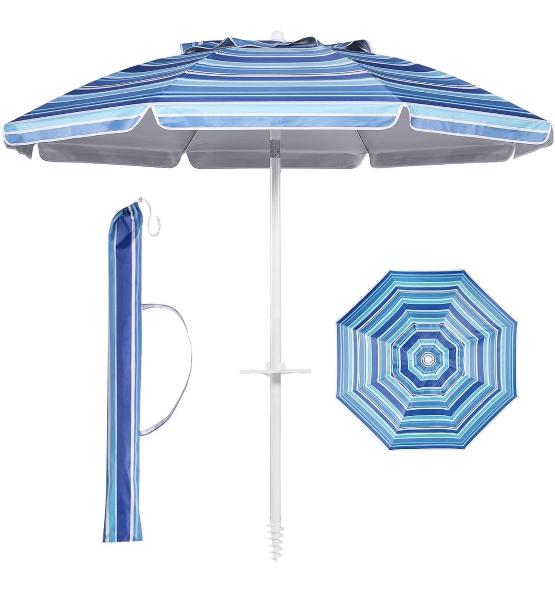 7ft Portable Blue Striped Beach Umbrella with Sand Anchor & Carrying Bag