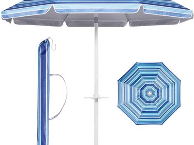 7ft Portable Blue Striped Beach Umbrella with Sand Anchor & Carrying Bag