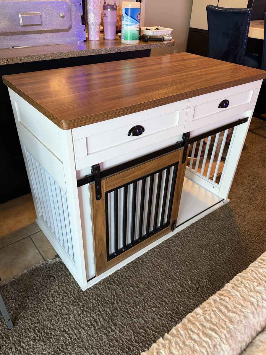 Wood Dog Crate Furniture with Sliding Barn Doors & Drawers - White & Brown Kennel End Table