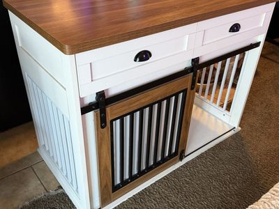 Wood Dog Crate Furniture with Sliding Barn Doors & Drawers - White & Brown Kennel End Table