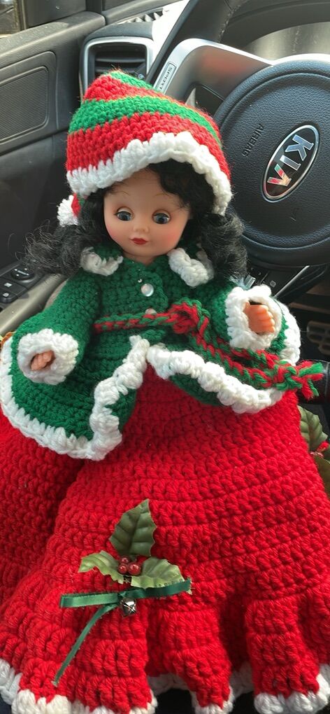 Christmas doll Decor Vintage handmade Knit Crochet