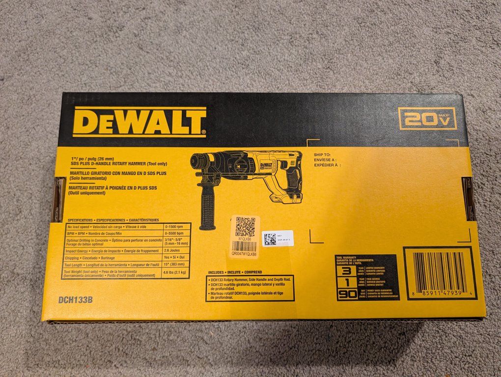 DEWALT DCH133B 20V MAX XR Brushless 1" SDS Plus D-Handle Rotary Hammer (Tool Only)