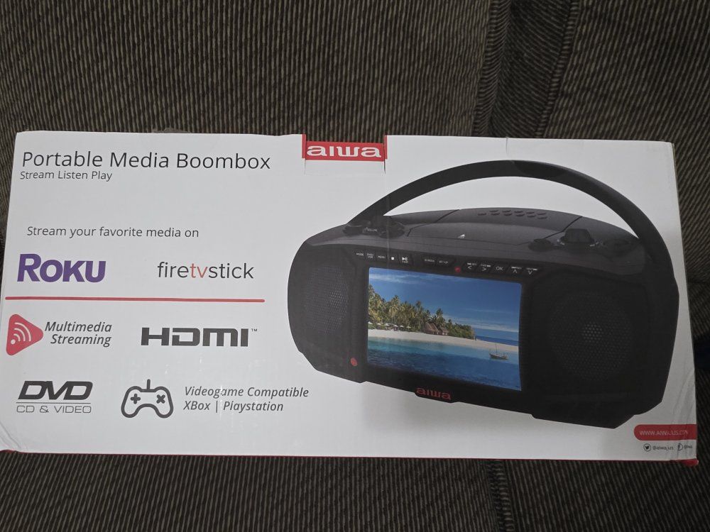 Aiwa Portable Media Boombox with Built-in Screen, DVD Player, and Bluetooth