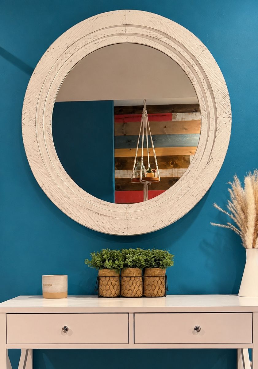 Rustic Farmhouse Round Wall Mirror - Whitewashed Wood Frame, 24" Diameter, Distressed Finish
