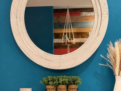Rustic Farmhouse Round Wall Mirror - Whitewashed Wood Frame, 24" Diameter, Distressed Finish