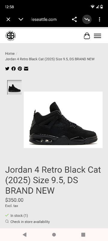Air Jordan 4 Retro 'Black Cat' Size 9.5