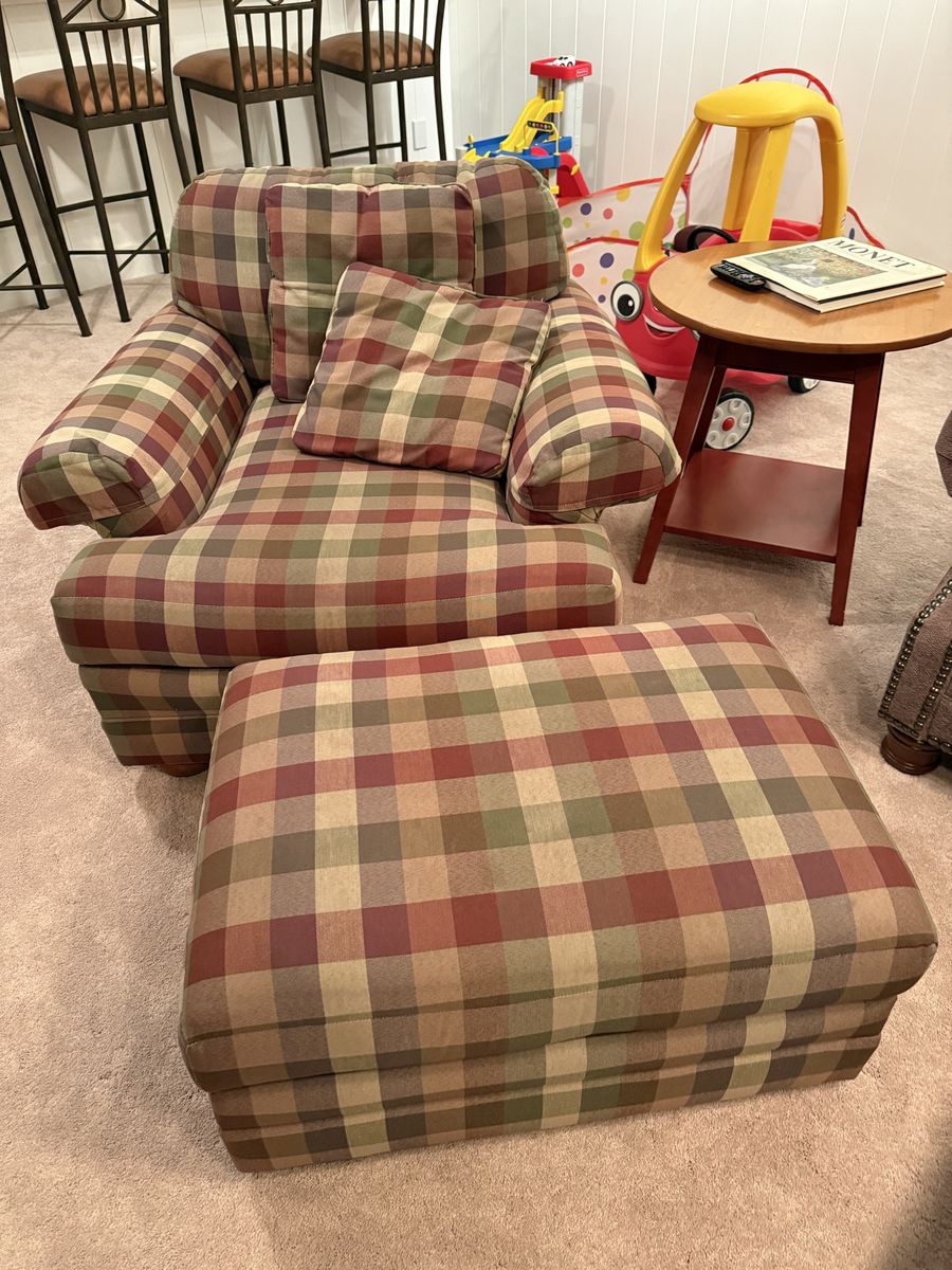 Plaid Upholstered oversized Armchair & Ottoman Set - Olive, Burgundy and Tan