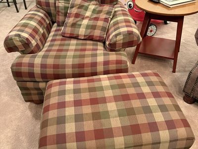 Plaid Upholstered oversized Armchair & Ottoman Set - Olive, Burgundy and Tan