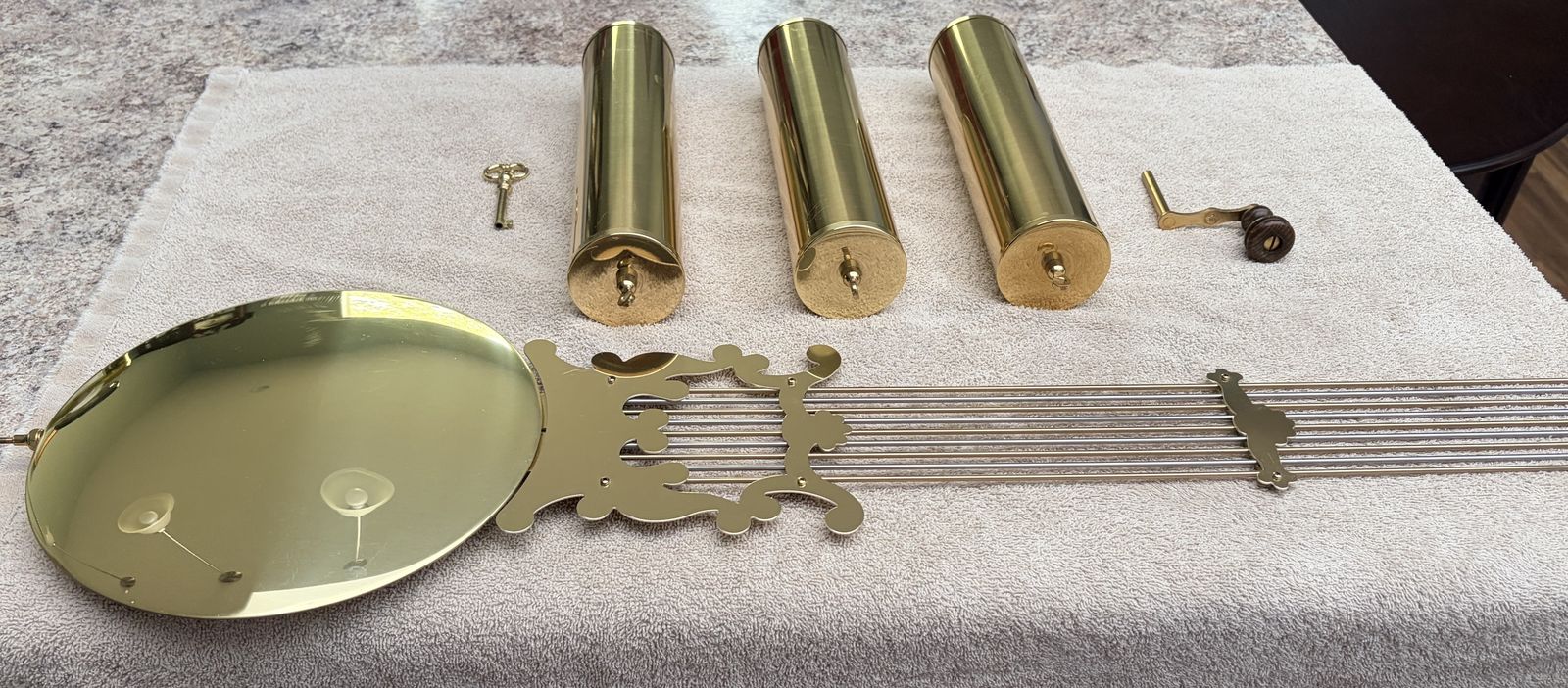 Brass Grandfather Clock Pendulum, Weights & Crank Set - Gold Finish Clock Parts