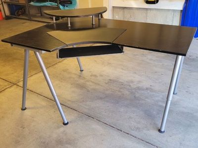 Black Corner Desk with Elevated Monitor Stand and Keyboard Tray - Adjustable Legs