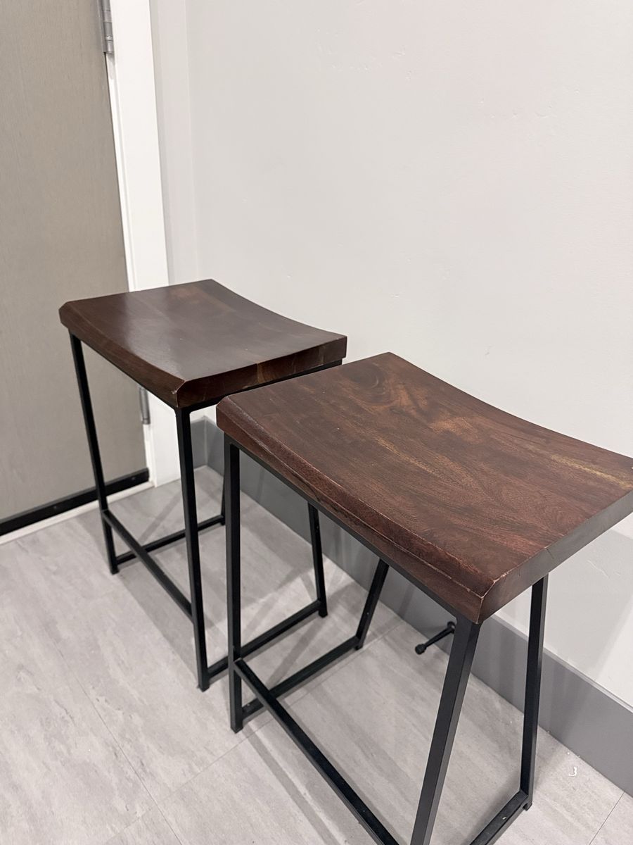 Set of 2 Industrial Wood & Metal Saddle Bar Stools - Dark Brown