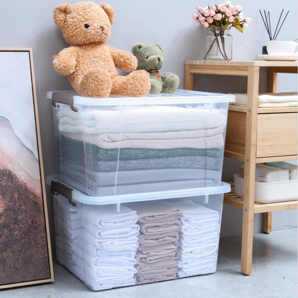 2 New 44 Quart Clear Plastic Latching Lid Bins