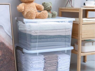 2 New 44 Quart Clear Plastic Latching Lid Bins