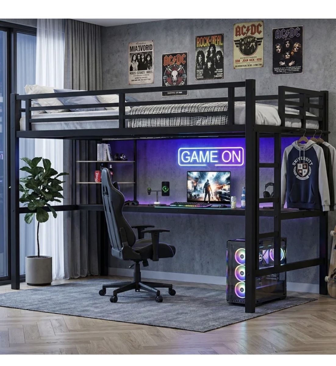 Twin XL Loft Bed with Desk and Storage Shelves, Metal Loft Bed with Charging Station
