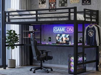 Twin XL Loft Bed with Desk and Storage Shelves, Metal Loft Bed with Charging Station