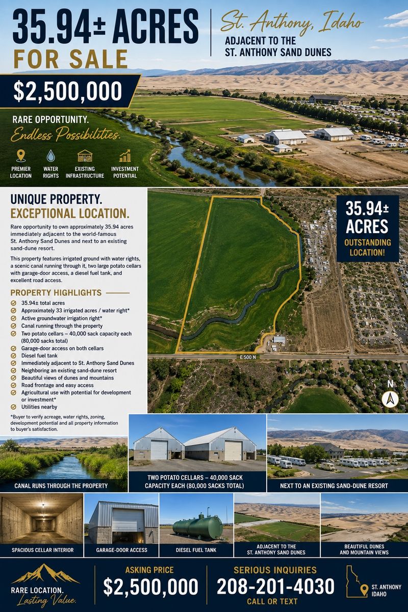 35.94 Acres For Sale - St. Anthony, Idaho Adjacent to Sand Dunes with Potato Cellars