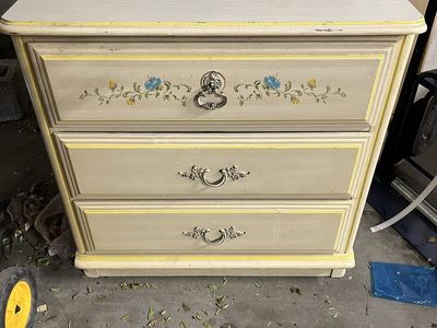 Vintage Hand-Painted Floral 3-Drawer Nightstand/Side Table - Light Beige/Yellow Accent